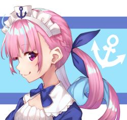 Rule 34 | 1girl, :q, anchor, anchor symbol, blue background, blue bow, blue hair, blue ribbon, blush, bow, braid, closed mouth, colored inner hair, hair between eyes, hair ribbon, highres, hololive, long hair, looking at viewer, maid headdress, minato aqua, minato aqua (1st costume), multicolored hair, pink hair, profile, puffy sleeves, purple eyes, ribbon, smile, solo, tongue, tongue out, twintails, two-tone background, two-tone hair, upper body, virtual youtuber, white background, yuuki nao (pixiv10696483)