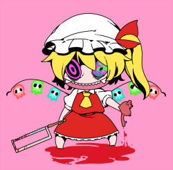 Rule 34 | 1girl, ascot, barefoot, blonde hair, blood, bonesaw, bow, chibi, collared shirt, crazy smile, fangs, flandre scarlet, hacksaw, hat, hat bow, heart (organ), heterochromia, looking at viewer, mob cap, one side up, peptide, pink background, pink eyes, puffy short sleeves, puffy sleeves, red bow, red skirt, red vest, saw, shirt, short hair, short sleeves, skirt, skull, smile, solo, standing, touhou, vest, white hat, wings, yellow ascot