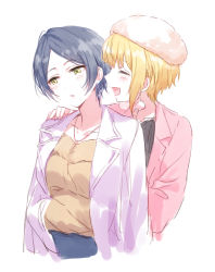 Rule 34 | 2girls, :d, bad id, bad twitter id, blonde hair, blue hair, earrings, facing another, facing away, hand on another&#039;s shoulder, hat, hayami kanade, idolmaster, idolmaster cinderella girls, jacket, jewelry, miyamoto frederica, multiple girls, necklace, open clothes, open jacket, open mouth, pink jacket, profile, romi (346 ura), simple background, smile, white background, white headwear, white jacket, yellow eyes