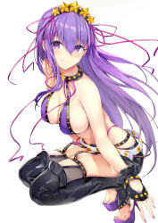 Rule 34 | 1girl, bare shoulders, bb (fate), bb (fate) (all), bb (swimsuit mooncancer) (fate), bead bracelet, beads, belt, bikini, black gloves, black thighhighs, blush, bracelet, breasts, cleavage, closed mouth, collarbone, earrings, fate/grand order, fate (series), fingerless gloves, gloves, hair between eyes, hair ornament, hair ribbon, hairband, haishiki, high heels, highres, jewelry, large breasts, long hair, looking at viewer, micro shorts, nail polish, neck ribbon, purple bikini, purple eyes, purple hair, purple ribbon, ribbon, short shorts, shorts, simple background, smile, solo, squatting, star (symbol), star earrings, star hair ornament, studded garter belt, swimsuit, thighhighs, thighs, very long hair, white background, white belt