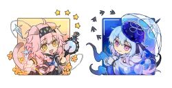 Rule 34 | 1boy, 1girl, animal ears, arknights, black headband, black skirt, blue background, blue gloves, blue hair, blue headwear, blue hoodie, border, braid, cat ears, cat girl, cat tail, chibi, chinese commentary, commentary request, creator connection, fish, gloves, goldenglow (arknights), gradient background, gradient hair, headband, highres, holding, holding staff, holding umbrella, hood, hoodie, jacket, jellyfish, light blue hair, lightning bolt print, looking at viewer, looking back, messy hair, mizuki (arknights), multicolored hair, open clothes, open jacket, open mouth, pink background, pink eyes, pink hair, pink jacket, pleated skirt, purple hair, shirt, short hair, side braid, simple background, skirt, smile, staff, star (symbol), tail, tentacles, transparent, transparent umbrella, umbrella, uncleko5, white background, white shirt, yellow background, yellow eyes