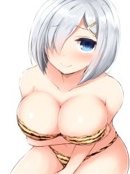 Rule 34 | 10s, 1girl, bare arms, bare legs, bare shoulders, blue eyes, blush, bra, breasts, don (29219), hair ornament, hair over one eye, hairclip, hamakaze (kancolle), kantai collection, large breasts, panties, short hair, silver hair, simple background, solo, sweat, underwear, underwear only, white background