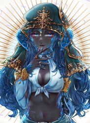 Rule 34 | 1girl, absurdres, akira-tama, astrologian (final fantasy), au ra, black skin, blue eyes, blue hair, blue nails, breasts, cleavage, closed mouth, colored skin, eyelashes, final fantasy, final fantasy xiv, fingernails, front-tie top, half-closed eyes, hand to own mouth, hand up, head scarf, highres, horns, jewelry, light smile, lips, long hair, looking at viewer, medium breasts, midriff, nail polish, navel, ring, scales, solo, thighhighs, upper body, very long hair, warrior of light (ff14), watermark