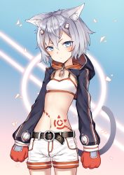 Rule 34 | 1girl, absurdres, animal ears, belt, blue eyes, breasts, cat ears, cat girl, cat tail, closed mouth, cowboy shot, crop top, gloves, hair ornament, highres, hood, hood down, long sleeves, looking at viewer, midriff, navel, original, red gloves, ryuinu, shirt, short hair, short shorts, shorts, shrug (clothing), silver hair, small breasts, solo, spaghetti strap, standing, stomach, stomach tattoo, tail, tattoo, v-shaped eyebrows, white shirt, white shorts