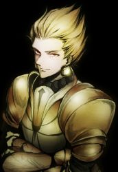 Rule 34 | 1boy, armor, blonde hair, crossed arms, earrings, fate/zero, fate (series), gilgamesh (fate), jewelry, kino707, male focus, red eyes, short hair, solo