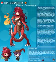 Rule 34 | 1boy, 1girl, abs, angry, artist name, blue eyes, breasts, character profile, charmeleon, claws, commentary, creatures (company), digitigrade, english commentary, english text, feathers, fire, flame-tipped tail, game freak, gen 1 pokemon, hat feather, highres, kinkymation, large breasts, lizard tail, monster girl, nintendo, personification, poke ball, pokemon, ponytail, profile, purple hair, rags, red hair, scales, tail, talons