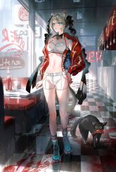 Rule 34 | 1girl, absurdres, animal, animal ears, bare shoulders, black cat, blonde hair, blood, blood on ground, blue eyes, booth seating, breasts, cat, diner, gawako, hand on own hip, highres, indoors, jacket, ketchup bottle, navel, original, red jacket, restaurant, shoes, shorts, small breasts, sneakers, solo, sports bra, standing, table, tile floor, tiles, white shorts, window