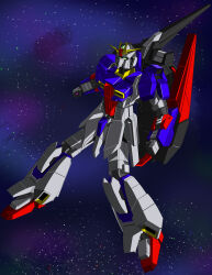 3d absurdres aeug clenched_hands commentary_request green_eyes gundam highres machinery mecha mecha_focus mobile_suit nagi_(user_dwyh2252) nebula no_humans robot science_fiction shield space star_(sky) v-fin zero_gravity zeta_gundam zeta_gundam_(mobile_suit)