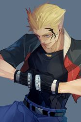 Rule 34 | 1boy, belt, black gloves, blonde hair, blue eyes, clenched hands, cropped jacket, facial tattoo, final fantasy, final fantasy viii, gloves, highres, jacket, nini tw99, open mouth, short sleeves, simple background, smirk, solo, spiked hair, tattoo, upper body, zell dincht