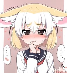 Rule 34 | ..., 1girl, alternate costume, animal ear fluff, animal ears, blonde hair, blush, brown eyes, collarbone, contemporary, ears down, extra ears, fennec (kemono friends), flustered, fox ears, hair between eyes, hand to own mouth, heart, holding hands, interlocked fingers, kemono friends, long sleeves, looking at viewer, multicolored hair, neckerchief, nose blush, parted lips, pink background, pov, pov hands, ransusan, red neckerchief, sailor collar, school uniform, serafuku, short hair, simple background, solo focus, speech bubble, spoken blush, spoken ellipsis, sweatdrop, sweater, translated, trembling, two-tone hair, upper body, white hair, white sweater