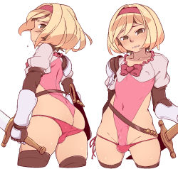 Rule 34 | 1boy, armor, ass, back, blonde hair, brown eyes, brown thighhighs, bulge, clenched teeth, cosplay, covered erect nipples, covered navel, crossdressing, djeeta (granblue fantasy), djeeta (granblue fantasy) (cosplay), flying sweatdrops, gauntlets, gran (granblue fantasy), granblue fantasy, groin, hairband, holding, holding sword, holding weapon, leotard, looking at viewer, male focus, omiya (louise-louis-lucille), panties, pauldrons, pink panties, sheath, sheathed, shoulder armor, simple background, solo, sword, teeth, thighhighs, trap, underwear, unsheathed, weapon, white background, wig