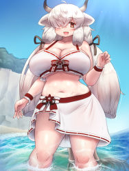 Rule 34 | 1girl, bare shoulders, beach, bikini, black horns, blush, breasts, brown eyes, cleavage, collarbone, curvy, day, extra ears, grey horns, hair over one eye, hair ribbon, highres, horns, huge breasts, kemono friends, kemono friends 3, long hair, looking at viewer, mo23, multicolored horns, navel, open mouth, ox ears, ox girl, ox horns, ribbon, sarong, smile, solo, standing, swimsuit, tail, twintails, underboob, wet, white bikini, white hair, yak (kemono friends)