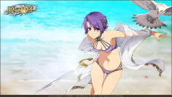 Rule 34 | 1girl, akatsuki no kiseki, alternate costume, asymmetrical bangs, beach, bikini, bird, border, breasts, brooch, cleavage, closed mouth, commentary, copyright name, cowboy shot, day, eiyuu densetsu, hair between eyes, hair ornament, highres, holding, holding sword, holding weapon, jewelry, kloe rinz, leaning forward, light rays, light smile, logo, looking at viewer, medium breasts, midriff, navel, ocean, official art, outdoors, outstretched arm, parted bangs, purple bikini, purple eyes, purple hair, see-through, shawl, short hair, solo, sora no kiseki, sunlight, swimsuit, sword, thigh gap, thighs, watermark, weapon