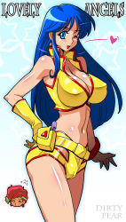 Rule 34 | 2girls, 3:, aqua background, blue eyes, blue hair, breasts, cleavage, copyright name, crop top, dirty pair, earrings, english text, engrish text, gloves, gradient background, hand on own hip, headband, heart, jewelry, kei (dirty pair), large breasts, long hair, multiple girls, one eye closed, raisuta, ranguage, red hair, shiny skin, short hair, single glove, smile, solo focus, star (symbol), starry background, yuri (dirty pair)