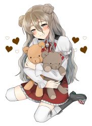 Rule 34 | 1girl, absurdres, alternate hairstyle, boots, brown eyes, commentary request, corset, hugging doll, double bun, grey hair, grin, hair bun, hat, highres, kantai collection, looking at viewer, mini hat, miniskirt, hugging object, pola (kancolle), red skirt, shirt, simple background, skirt, smile, stuffed animal, stuffed toy, teddy bear, thick eyebrows, thighhighs, toriniku senshi chikinman, wavy hair, white background, white shirt, white thighhighs