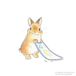 animal animal_ears animal_focus artist_name berry_jou blanket food highres no_humans original rabbit rabbit_ears rabbit_tail simple_background spill tail traditional_media white_background