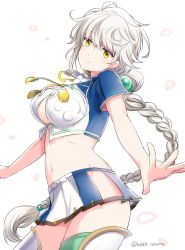 Rule 34 | 10s, 1girl, arms at sides, asymmetrical hair, braid, breasts, cleavage cutout, clothing cutout, cloud print, cowboy shot, crop top, green thighhighs, hair ornament, head tilt, highres, hip vent, kantai collection, large breasts, light smile, long hair, looking at viewer, midriff, moca blanc, outstretched arm, pleated skirt, short sleeves, silver hair, single braid, skirt, solo, thighhighs, thighs, unryuu (kancolle), very long hair, yellow eyes