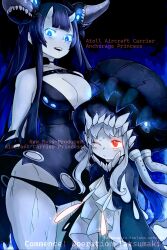 Rule 34 | 2girls, abyssal ship, atoll aircraft carrier anchorage princess, black dress, black hair, black hat, blue eyes, blue hair, blush, breasts, character name, cleavage, closed mouth, colored skin, cracked skin, dress, english text, glowing, glowing eyes, grey hair, grey skirt, hat, highres, horns, kantai collection, large breasts, long hair, looking at viewer, multiple girls, new mass-produced aircraft carrier princess, one eye closed, open mouth, oso (toolate), panties, red eyes, simple background, skirt, sweat, tentacles, tongue, underwear, very long hair