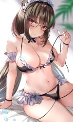 Rule 34 | 1girl, :s, arm garter, bare shoulders, bikini, black bikini, blush, breasts, brown hair, cleavage, closed mouth, collarbone, commentary request, detached collar, embarrassed, fate/grand order, fate (series), frilled bikini, frills, frown, glasses, head tilt, highres, large breasts, long hair, looking at viewer, low twintails, maid, maid bikini, maid headdress, navel, osakabehime (fate), purple eyes, seiru (prairie), sitting, swimsuit, thighs, twintails, unconventional maid, untied bikini, very long hair