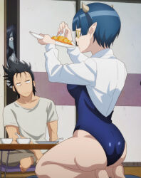 Rule 34 | 1boy, 2girls, absurdres, anime screenshot, ass, black hair, blue hair, blue one-piece swimsuit, breasts, collarbone, demon girl, demon horns, eating, feet, food, glasses, highres, horns, huge ass, large breasts, long sleeves, lv1 maou to one room yuusha, max (lv1 maou to one room yuusha), multiple girls, one-piece swimsuit, pointy ears, screencap, seiza, shirt, shirt under swimsuit, short hair, sitting, stitched, swimsuit, table, third-party edit, white shirt, zenia (lv1 maou to one room yuusha)