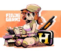 Rule 34 | :q, bandaged arm, bandages, bandaid, bandaid on leg, black eyes, breasts, brown footwear, brown gloves, character name, cleavage, crop top, eating, fingerless gloves, fio germi, food, glasses, gloves, grey hat, gun, halftone, halftone background, hat, highres, holding, holding food, jacket, knee pads, large breasts, looking at viewer, metal slug, open clothes, open jacket, orange hair, picnic basket, ponytail, rariatto (ganguri), round eyewear, sandwiched, seiza, shoes, shotgun, sitting, sleeveless, sleeveless jacket, smile, solo, tongue, tongue out, weapon