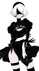 Rule 34 | 1girl, black dress, blindfold, breasts, cleavage, cleavage cutout, clothing cutout, cowboy shot, dress, female focus, gloves, hairband, highres, ikuhana niiro, medium breasts, mole, mole under mouth, nier (series), nier:automata, simple background, skirt, solo, thigh strap, thighhighs, white background, white hair, 2b (nier:automata)