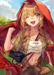 Rule 34 | 1girl, ;d, ahoge, bag, bandeau, between breasts, blonde hair, blue sky, breasts, brown jacket, cloud, cloudy sky, collarbone, commentary request, day, earrings, fate/grand order, fate (series), green eyes, hair between eyes, hair intakes, hand up, head tilt, highres, holding, jacket, jewelry, mento, navel, nero claudius (fate), nero claudius (fate) (all), nero claudius (fate/extra), nero claudius (traveling outfit) (fate), official alternate costume, one eye closed, open clothes, open jacket, open mouth, outdoors, short sleeves, shoulder bag, sketch, sky, smile, solo, strap between breasts, sweat, white bandeau