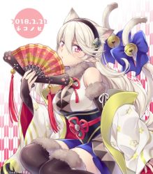 Rule 34 | 1girl, animal ears, blush, breasts, cape, cat, cat day, cat ears, cat tail, corrin (female) (fire emblem), corrin (fire emblem), earrings, fire emblem, fire emblem fates, fire emblem heroes, hairband, hand fan, hiyori (rindou66), japanese clothes, jewelry, kimono, long hair, looking at viewer, multiple tails, nekomata, nintendo, pointy ears, red eyes, single earring, slit pupils, smile, solo, tail, two tails