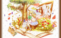 Rule 34 | 1girl, alice (alice in wonderland), alice in wonderland, bad id, bad pixiv id, bird, blonde hair, book, bow, bush, capelet, card, cat, cheshire cat (alice in wonderland), clover, flamingo, flower, heart, open book, original, pocket watch, pop-up book, pouring, ria (rilpoppo), rose, spikes, stairs, tea, teapot, tree, watch