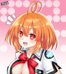 Rule 34 | 1girl, ahoge, blush, breasts, cleavage, excited, hair between eyes, happy, highres, large breasts, lewdkuma, marvelous entertainment, marvelousaql (neptunia), musical note, musical note-shaped pupils, neck, neptune (series), open mouth, orange eyes, orange hair, pink background, red eyes, red ribbon, ribbon, shirt, short hair, short sleeves, smile, solo, symbol-shaped pupils, upper body