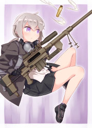 Rule 34 | 1girl, bipod, black footwear, black gloves, black jacket, black skirt, blush, bolt action, cheytac m200, closed mouth, commentary request, dress shirt, ear protection, girls&#039; frontline, gloves, grey hair, gun, hair between eyes, harada (sansei rain), highres, holding, holding gun, holding weapon, hood, hood down, hooded jacket, jacket, long hair, long sleeves, looking away, low twintails, m200 (girls&#039; frontline), name connection, object namesake, open clothes, open jacket, pleated skirt, purple eyes, rifle, scope, shell casing, shirt, shoes, skirt, sniper rifle, socks, solo, twintails, v-shaped eyebrows, weapon, white shirt