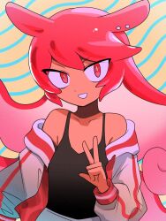 Rule 34 | 1girl, black tank top, borrowed character, commentary request, g tsurius, highres, jacket, long hair, original, red eyes, red hair, smile, solo, striped, striped background, tank top, tentacle hair, upper body, v, very long hair, white jacket