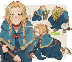 Rule 34 | 1girl, all fours, artist name, blonde hair, blush, braid, capelet, commentary, draw your babygirl (meme), dungeon meshi, elf, english commentary, expressions, full body, green eyes, holding, holding staff, hood, hood down, hooded capelet, kadeart, long hair, long sleeves, looking at viewer, marcille donato, meme, multiple views, parted bangs, pointy ears, simple background, slime (substance), snot, solo, squatting, staff, sweat