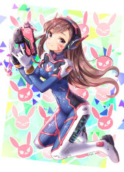 Rule 34 | 10s, 1girl, 2016, :3, acronym, alternate eye color, animal print, armor, artist name, blush, bodysuit, boots, bracer, breasts, brown hair, charm (object), closed mouth, covered navel, d.va (overwatch), dated, eyebrows, facepaint, facial mark, full body, gloves, gun, handgun, hands up, headphones, holding, holding gun, holding weapon, kneeling, long hair, long sleeves, looking at viewer, medium breasts, overwatch, overwatch 1, pauldrons, pilot suit, purple eyes, rabbit print, ribbed bodysuit, shoulder armor, shoulder pads, skin tight, smile, solo, thigh boots, thigh strap, thighhighs, turtleneck, weapon, whisker markings, white footwear, white gloves, zenyu