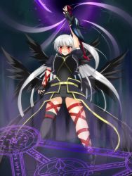 Rule 34 | 1girl, angry, arm belt, asymmetrical clothes, asymmetrical legwear, black thighhighs, black wings, breasts, clenched teeth, energy ball, facial mark, fingerless gloves, from below, gloves, grey eyes, hand up, highres, jacket, large breasts, leg belt, long hair, lyrical nanoha, magic, magic circle, magical girl, mahou shoujo lyrical nanoha, mahou shoujo lyrical nanoha a&#039;s, mahou shoujo lyrical nanoha the movie 2nd a&#039;s, multiple wings, nachtwal, open clothes, open jacket, red eyes, reinforce, silver hair, single thighhigh, skirt, solo, tears, teeth, thigh strap, thighhighs, uneven legwear, waist cape, wings, wrist straps, you (yousuke968)