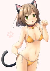 Rule 34 | 1girl, :o, animal ear fluff, animal ears, bare arms, bare shoulders, bell, bikini, breasts, brown background, brown hair, cat ears, cat girl, cat tail, collar, collarbone, commentary request, green eyes, groin, highres, jingle bell, looking at viewer, medium breasts, navel, neck bell, open mouth, orange bikini, original, red collar, shibacha, side-tie bikini bottom, simple background, solo, swimsuit, tail, untied bikini