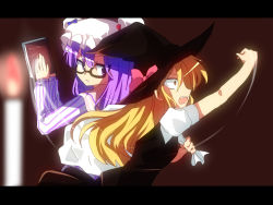 Rule 34 | 2girls, arm up, bad id, bad pixiv id, bag, blonde hair, blurry, book, candle, capelet, depth of field, failure, female focus, frown, glasses, gradient background, haruhi0816, hat, hat ribbon, kirisame marisa, letterboxed, long hair, long sleeves, looking at another, motion lines, multiple girls, open mouth, patchouli knowledge, profile, purple eyes, purple hair, ribbon, short sleeves, skirt, sweatdrop, teeth, touhou, vest, witch, witch hat, yellow eyes