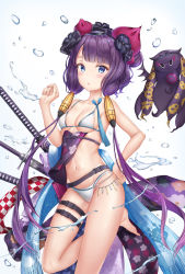 Rule 34 | 1girl, bare arms, bare shoulders, barefoot, bikini, blue eyes, breasts, bubble, cleavage, collarbone, commentary request, fate/grand order, fate (series), floral print, goggles, groin, hair ornament, hand on own hip, hand up, highres, katana, katsushika hokusai (fate), katsushika hokusai (swimsuit saber) (fate), kitin, leg belt, leg up, long hair, looking at viewer, low twintails, medium breasts, navel, octopus, parted lips, purple hair, sheath, sheathed, stomach, swimsuit, sword, thighs, tokitarou (fate), twintails, very long hair, weapon, white background, white bikini