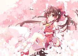 Rule 34 | 1girl, absurdres, ascot, bow, brown eyes, brown hair, closed mouth, collar, detached sleeves, flower, full body, hair bow, hair tubes, hakurei reimu, highres, holding, holding flower, isu (is88), japanese clothes, long hair, navel, nontraditional miko, red bow, red footwear, red shirt, red skirt, ribbon-trimmed sleeves, ribbon trim, shirt, short hair, sidelocks, sitting, skirt, smile, solo, touhou, white legwear, yellow ascot