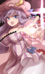 Rule 34 | 1girl, blue eyes, breasts, bun cover, cleavage, crescent, crescent hat ornament, determined, dress, hat, hat ornament, highres, large breasts, long hair, long sleeves, low neckline, magic, mob cap, namiki (remiter00), patchouli knowledge, pink hat, purple dress, purple hair, pussy juice, striped clothes, striped dress, touhou, two-tone dress, v-shaped eyebrows, vertical-striped clothes, vertical-striped dress, very long hair, white legwear