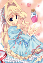 Rule 34 | alice in wonderland, artbook, blonde hair, bow, braid, dress, frills, hair bow, hair intakes, hairband, highres, kishou seireiki, nanase aoi, petals, potion, seven colors of the wind, solo