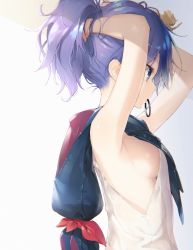 Rule 34 | 1girl, armpits, arms up, azur lane, blue eyes, breasts, from side, gradient background, grey background, hair tie, hairdressing, hands in hair, highres, holding, holding own hair, hood, hood down, javelin (azur lane), medium breasts, mouth hold, no bra, ponytail, profile, purple hair, red ribbon, ribbon, shirt, short hair, sideboob, simple background, sleeveless, sleeveless shirt, solo, tying hair, white background, white shirt, yatsuha (hachiyoh)