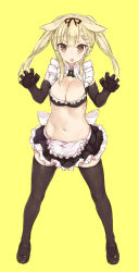 Rule 34 | 1girl, :o, absurdres, alternate costume, alternate hairstyle, apron, black footwear, black gloves, black thighhighs, blonde hair, blush, braid, breasts, brown hair, cleavage, elbow gloves, fang, frills, full body, gloves, goekawa, hair flaps, hair ribbon, highres, kantai collection, long hair, navel, paw pose, ribbon, shoes, simple background, skin fang, solo, standing, thighhighs, twintails, yellow background, yuudachi (kancolle), yuudachi kai ni (kancolle)