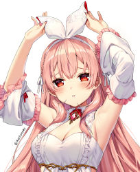Rule 34 | 1girl, armpits, arms up, artist name, blush, bow, bow hairband, breasts, brooch, cleavage, detached sleeves, dress, frilled sleeves, frills, gem, hair bow, hairband, highres, jewelry, long hair, long sleeves, looking at viewer, medium breasts, original, parted lips, pink hair, red eyes, red gemstone, rosuuri, simple background, solo, twitter username, upper body, white background, white bow, white dress, white hairband