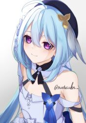 Rule 34 | 1girl, ahoge, bare shoulders, beret, black hat, bow, closed mouth, commentary request, dress, gradient background, grey background, grey bow, grey dress, griseo, hair between eyes, hair bow, hat, honkai (series), honkai impact 3rd, long hair, looking at viewer, natsukn, purple eyes, smile, solo, twitter username, upper body, very long hair, white background