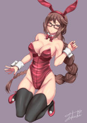 Rule 34 | 1girl, animal ears, bare shoulders, black thighhighs, blush, braid, braided ponytail, breasts, brown eyes, brown hair, cleavage, commission, detached collar, earrings, fake animal ears, fate/grand order, fate (series), glasses, highleg, highleg leotard, highres, jewelry, large breasts, leotard, long hair, looking at viewer, multiple earrings, pixiv commission, playboy bunny, rabbit ears, red leotard, solo, strapless, strapless leotard, takecha, thighhighs, very long hair, wrist cuffs, yu mei-ren (fate)
