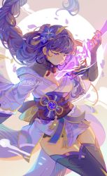Rule 34 | 1girl, braid, breasts, bridal gauntlets, cleavage, drawing sword, electricity, flower, genshin impact, hair ornament, highres, holding, holding sword, holding weapon, human scabbard, japanese clothes, kimono, kirabunni, large breasts, long hair, low-braided long hair, low-tied long hair, mole, mole under eye, nail polish, obi, obiage, obijime, purple flower, purple kimono, purple nails, raiden shogun, sash, solo, sword, tassel, thighhighs, thighs, weapon