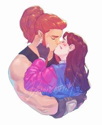 Rule 34 | 2girls, alternate costume, blush, brigitte (overwatch), brown gloves, brown hair, commentary, d.va (overwatch), denimcatfish, english commentary, closed eyes, facial mark, fingerless gloves, french kiss, gloves, hand on another&#039;s face, height difference, hug, jacket, kiss, light brown hair, multiple girls, muscular, muscular female, nose, overwatch, overwatch 1, ponytail, sidelocks, signature, tank top, track jacket, upper body, whisker markings, white background, yuri
