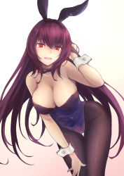 Rule 34 | 1girl, animal ears, bare shoulders, bkko, black pantyhose, bow, bowtie, breasts, cleavage, cowboy shot, fake animal ears, fate/grand order, fate (series), gradient background, highres, large breasts, leaning forward, leotard, long hair, looking at viewer, official alternate costume, open mouth, pantyhose, pink background, playboy bunny, purple bow, purple bowtie, purple hair, purple leotard, rabbit ears, rabbit girl, rabbit tail, red eyes, scathach (fate), scathach (piercing bunny) (fate), smile, solo, strapless, strapless leotard, tail, white background, wrist cuffs
