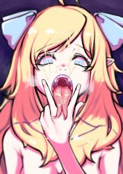 Rule 34 | 1girl, aruku001, blonde hair, blue eyes, breasts, cum, cum in eye, cum in mouth, cum on tongue, facial, fangs, female focus, forked tongue, hair ribbon, highres, jashin-chan, jashin-chan dropkick, long hair, looking at viewer, open mouth, out-of-frame censoring, pointy ears, ribbon, solo, teeth, tongue, uvula